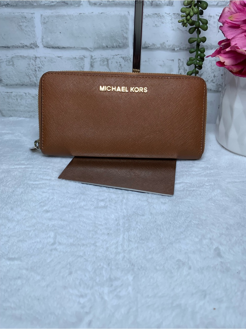 Michael Kors Cognac Saffiano Zip Wallet with Gold Logo